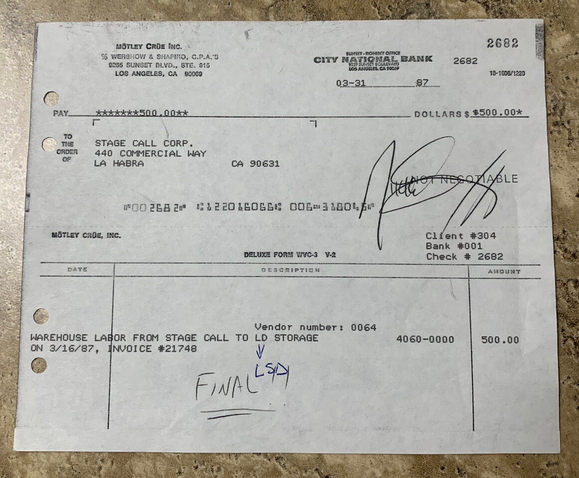 Nikki Sixx Motley Crue Signed Original CARBON COPY Vintage 1987 Receipe RARE