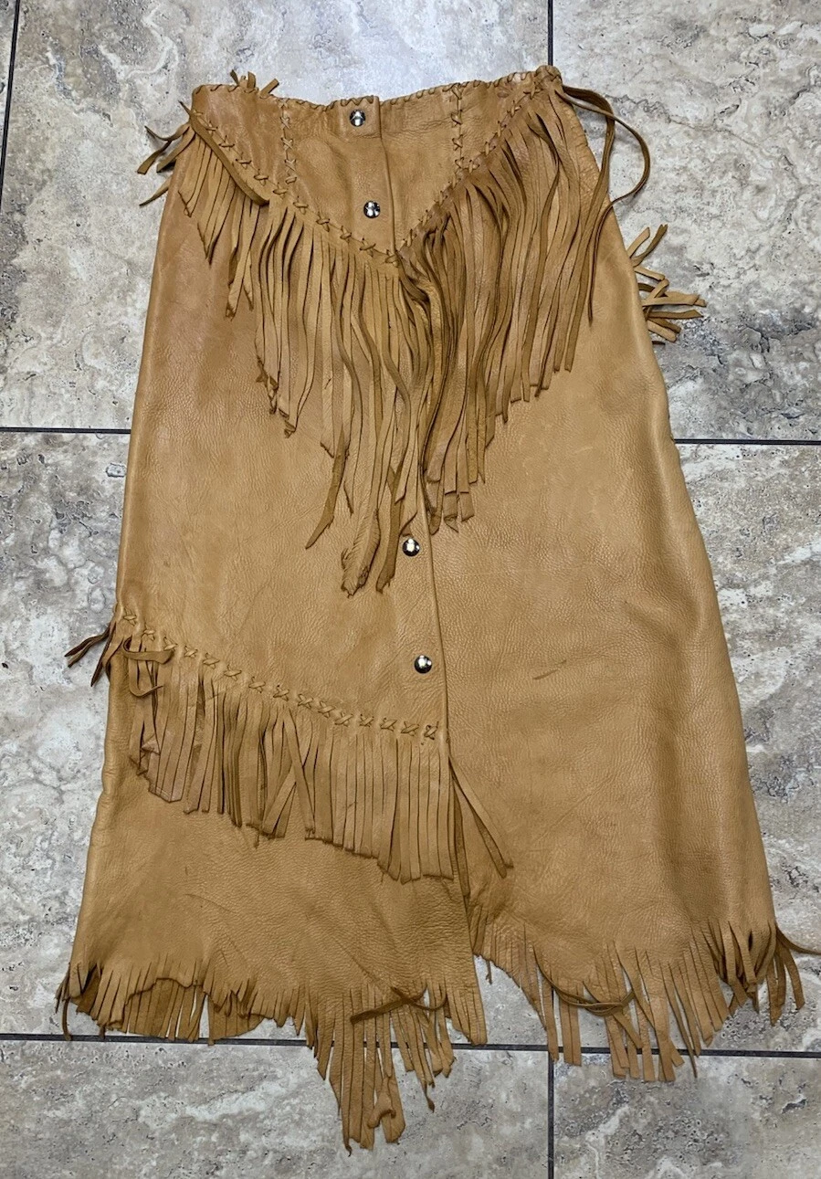 Native American Style Brown Soft Leather Fringe Western Snap Front Skirt 29/32