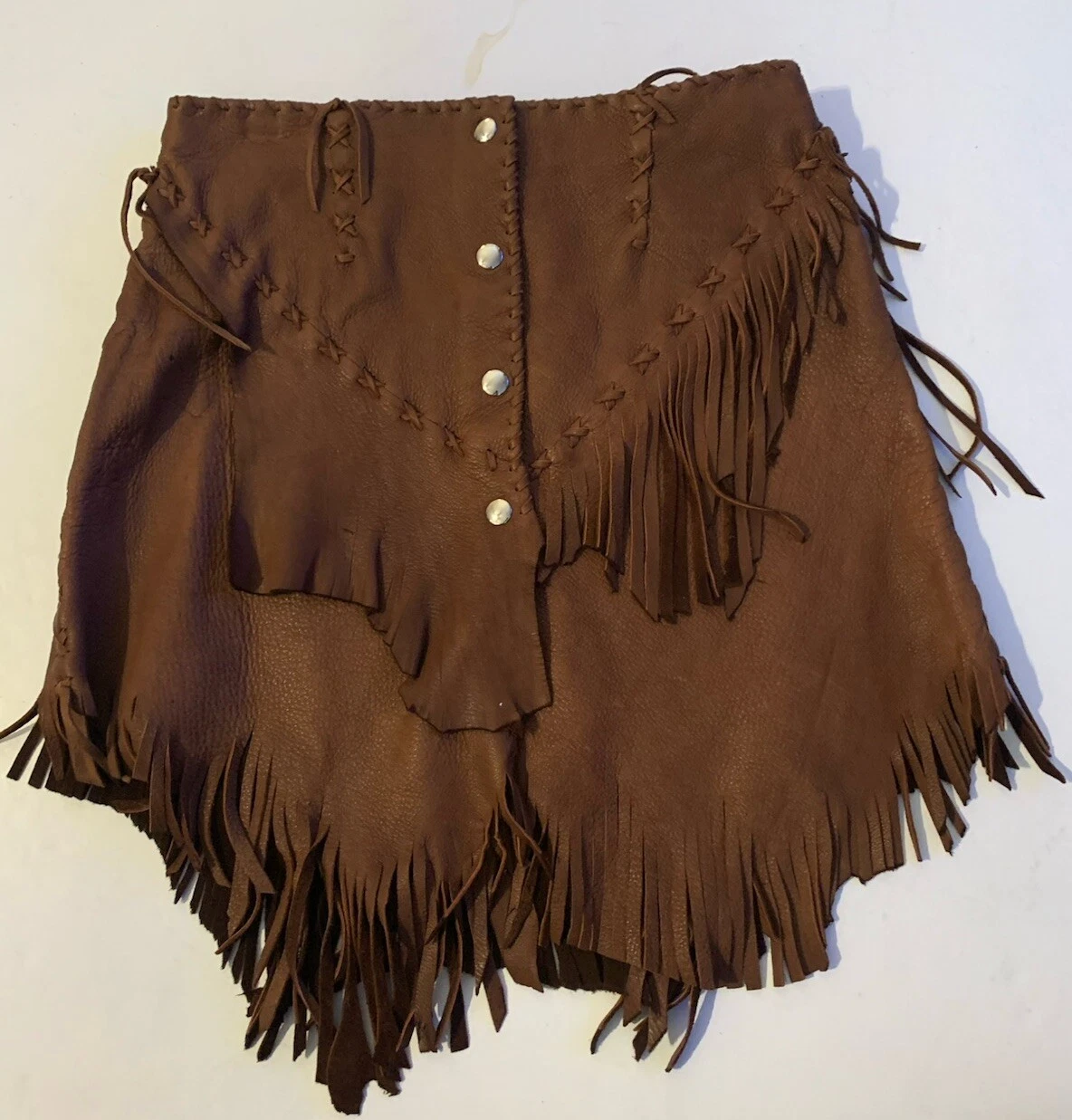 Native American Style Brown Soft Leather Fringe Western Snap Front Skirt 29/20