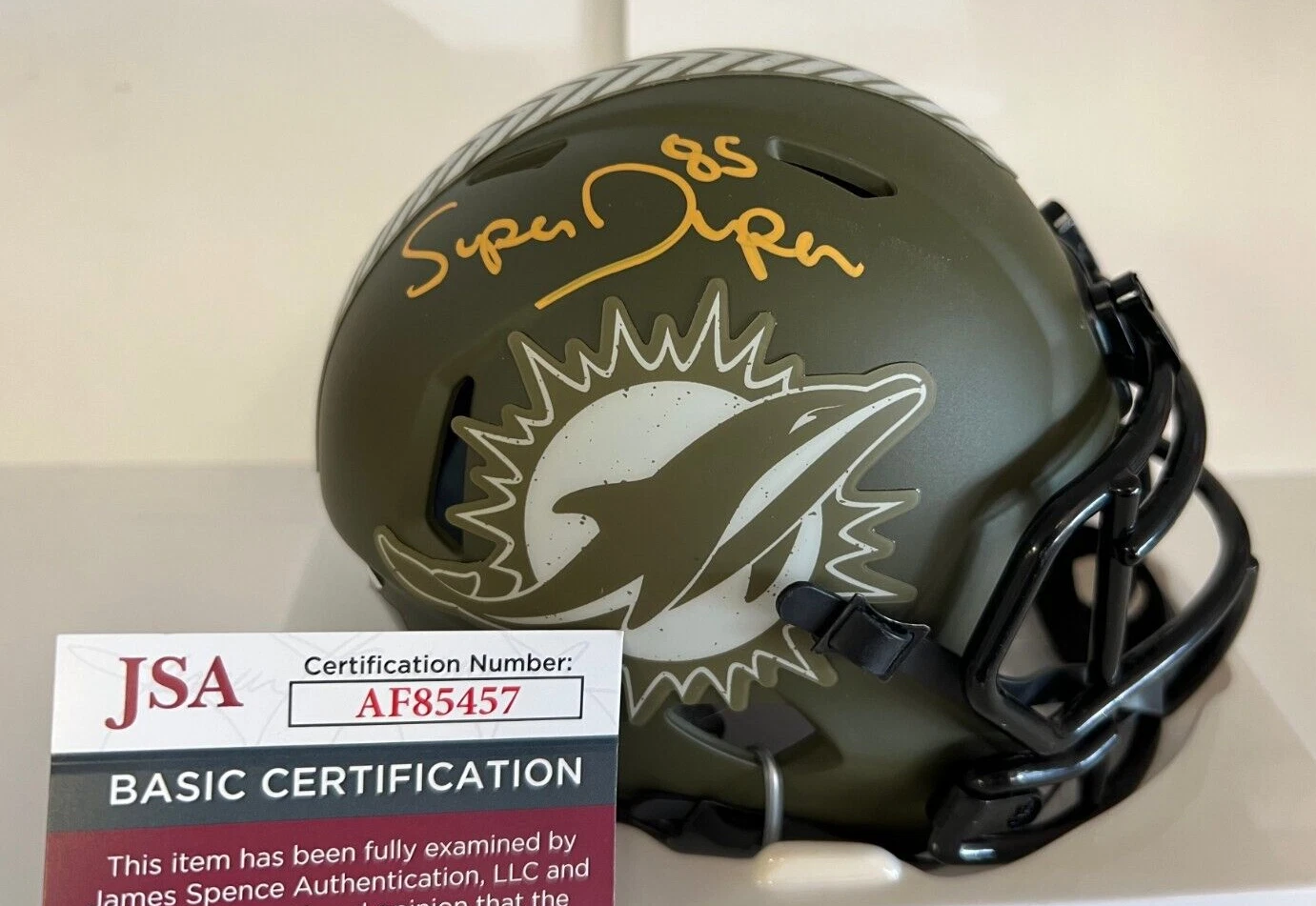 MARK SUPER DUPER DOLPHINS SIGNED AUTOGRAPHED SALUTE TO SERVICE MINI HELMET JSA