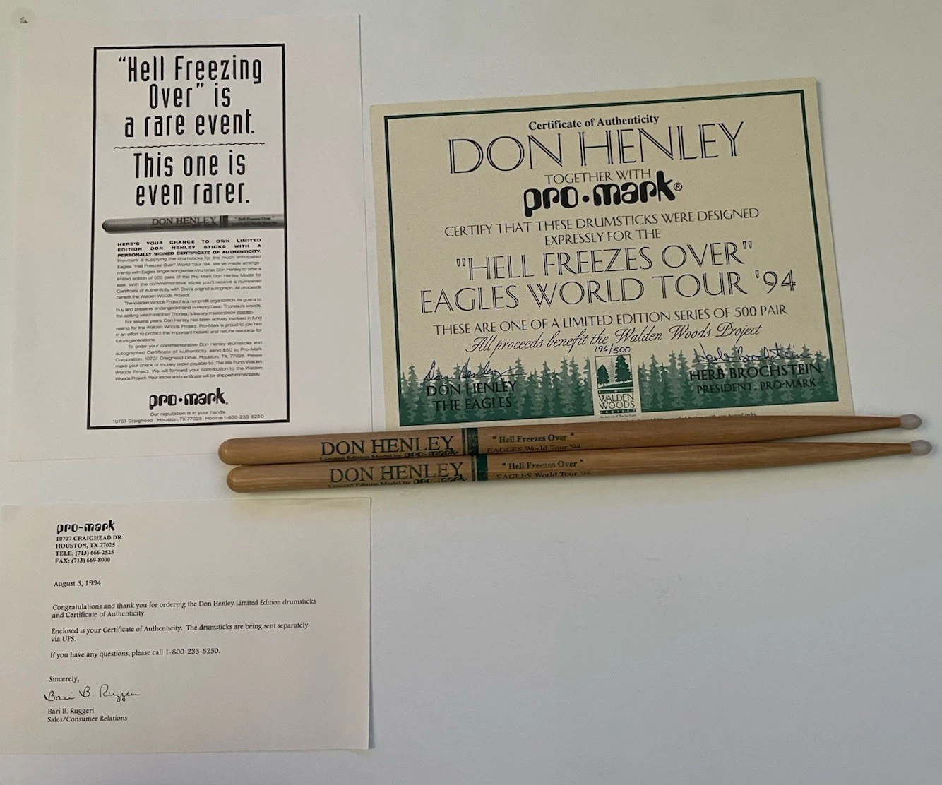 Eagles Don Henley 1994 Hell Freezes Over Drumsticks W/ Signed COA 196/500