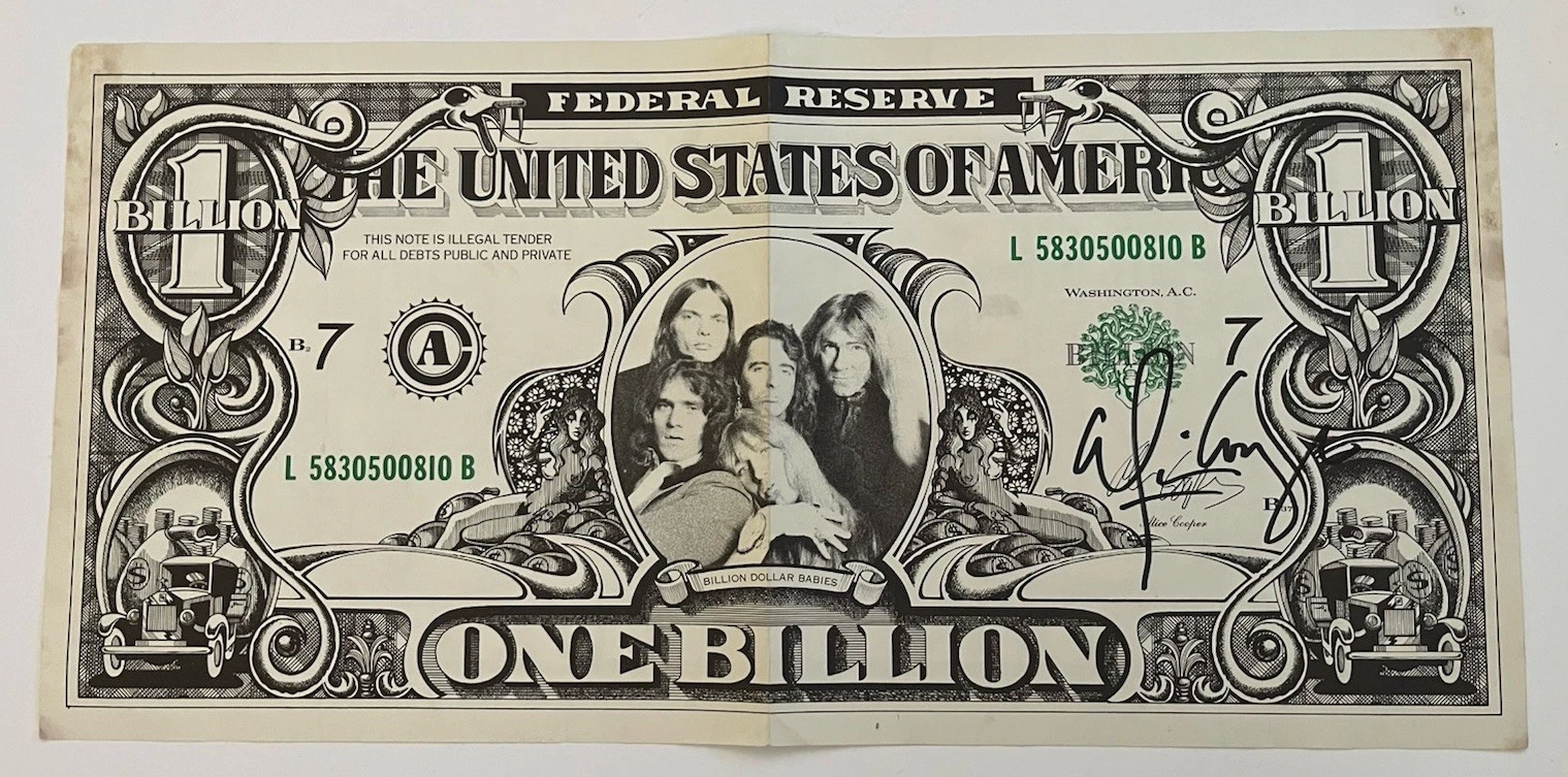 ALICE COOPER SIGNED AUTOGRAPHED 11″ X 22″ BILLION DOLLAR BILL BECKETT CERTIFIED COLLECTIBLE MEMORABILIA