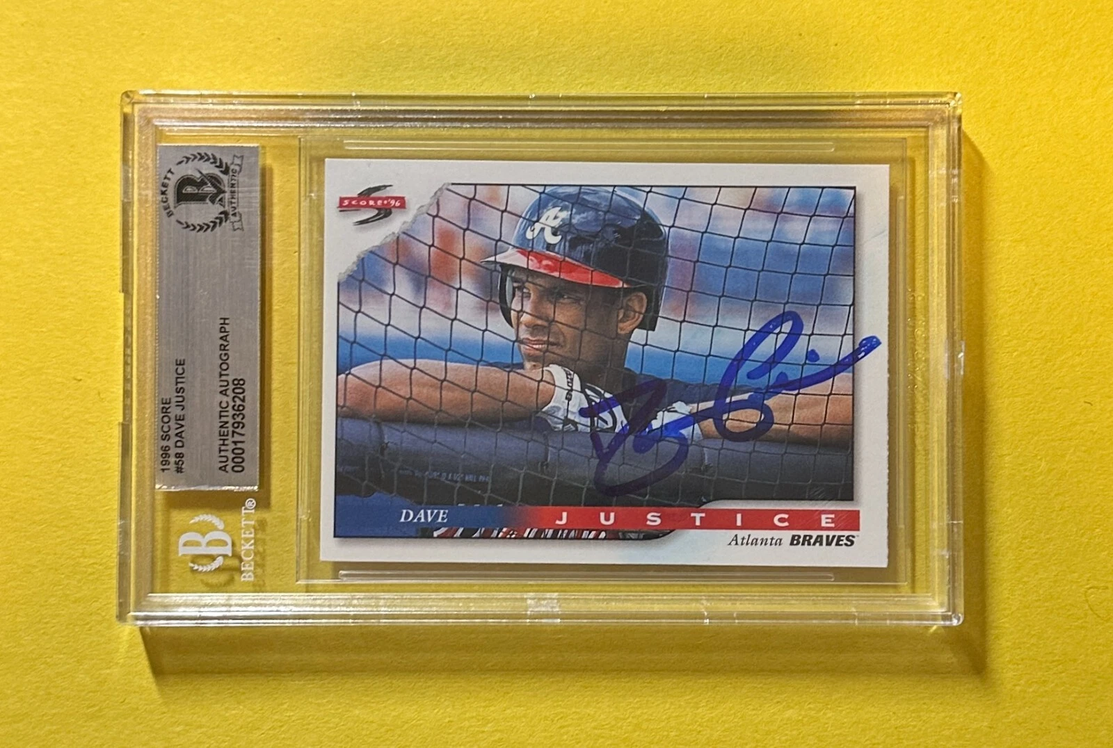 1996 SCORE DAVE JUSTICE #58 BECKETT AUTHENTIC SIGNED AUTOGRAPHED CARD BRAVES
