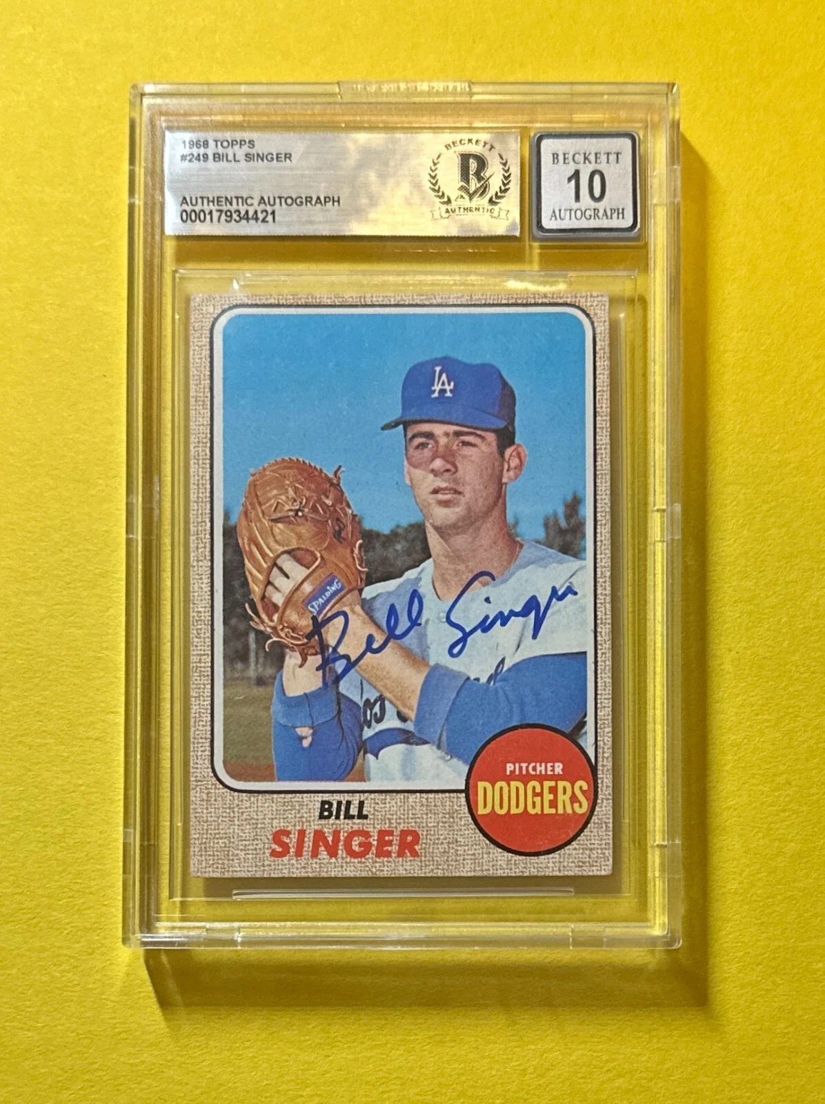 1968 TOPPS BILL SINGER #249 SIGNED AUTOGRAPHED CARD BECKETT AUTH 10 DODGERS