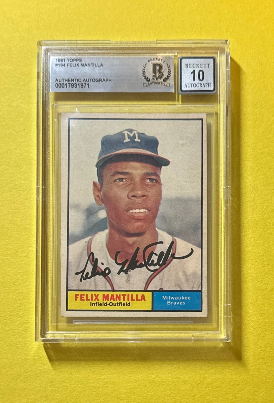 1961 TOPPS FELIX MANTILLA #164 SIGNED AUTOGRAPHED CARD BECKETT AUTH 10 BRAVES