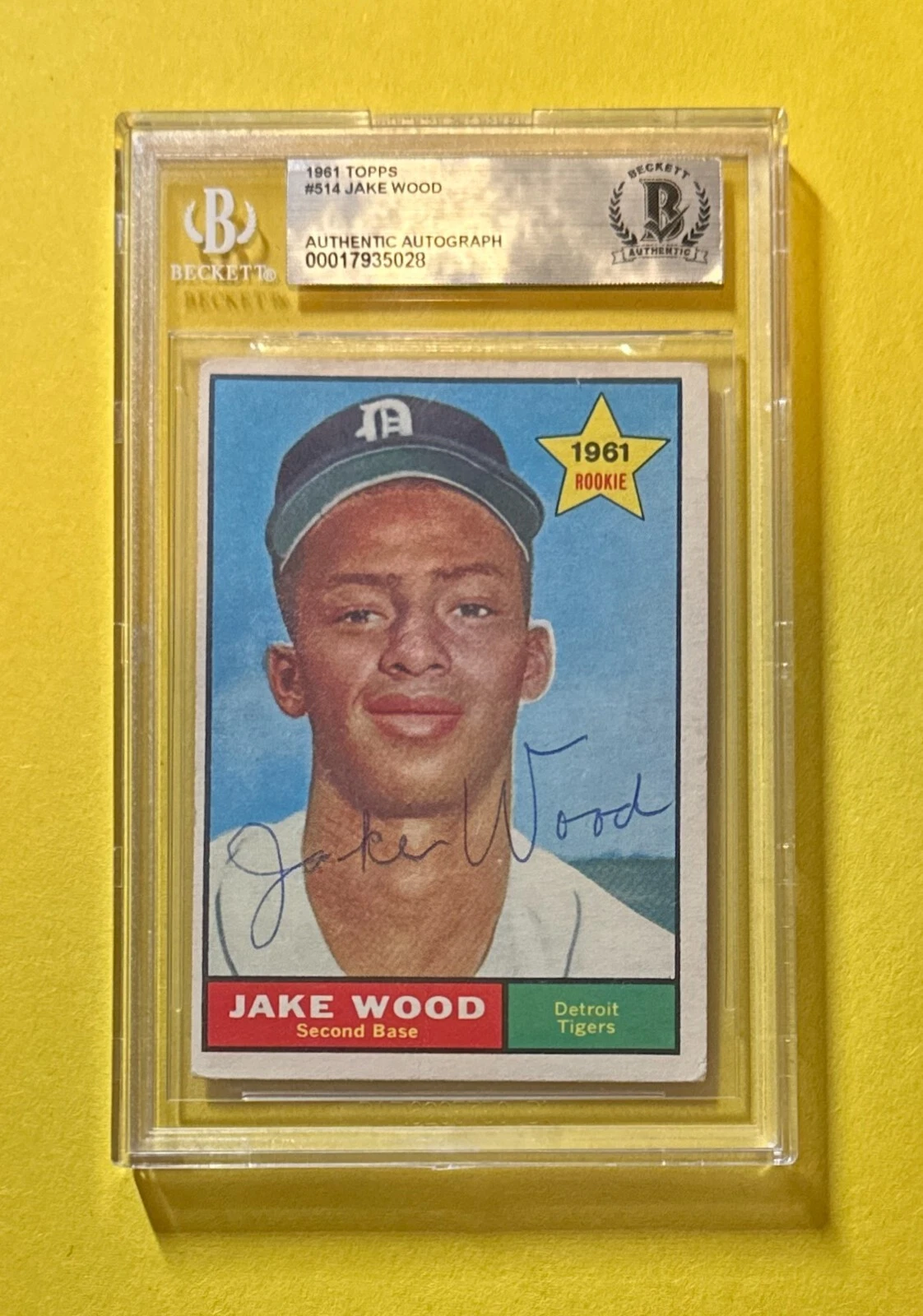 1961 TOPPS JAKE WOOD #514 BECKETT AUTHENTIC SIGNED AUTOGRAPHED CARD TIGERS