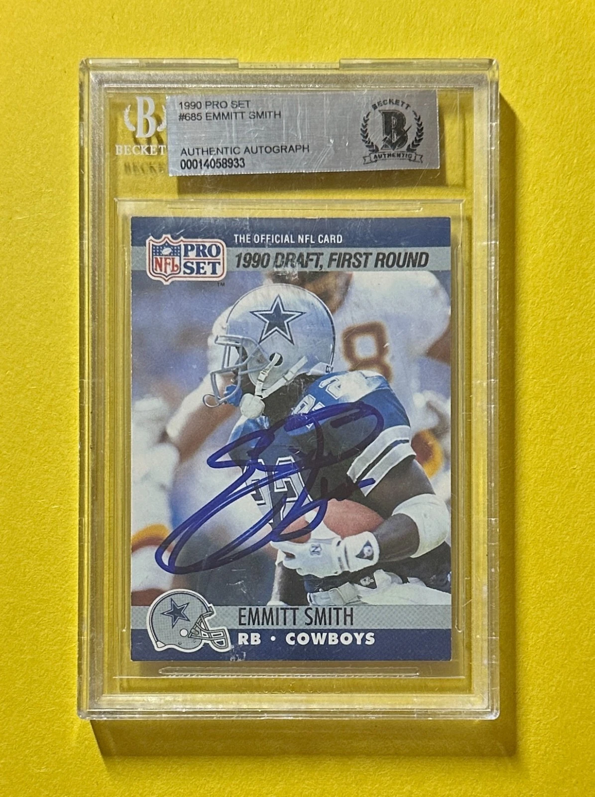 1990 PRO SET EMMITT SMITH BECKETT AUTHENTIC SIGNED AUTOGRAPHED CARD #685 COWBOYS