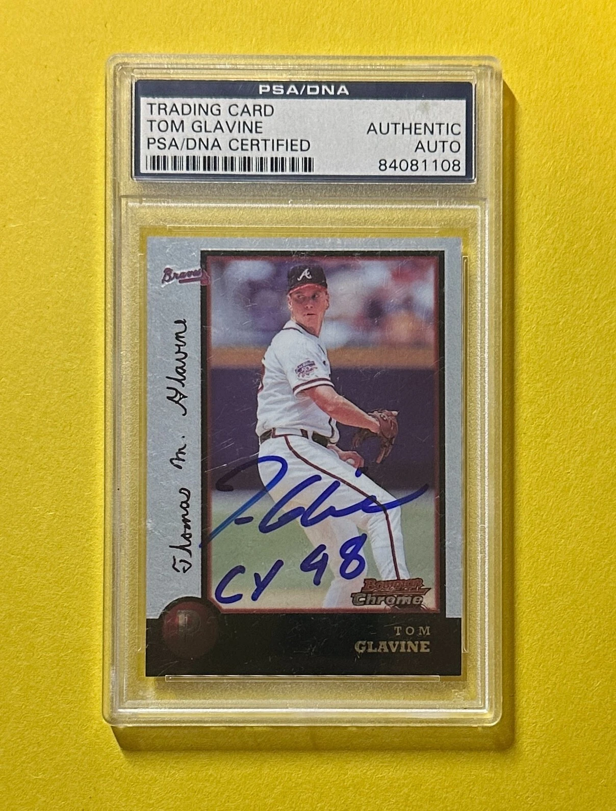 1998 BOWMAN CHROME TOM GLAVINE PSA AUTHENTIC AUTOGRAPHED CARD INSCR 