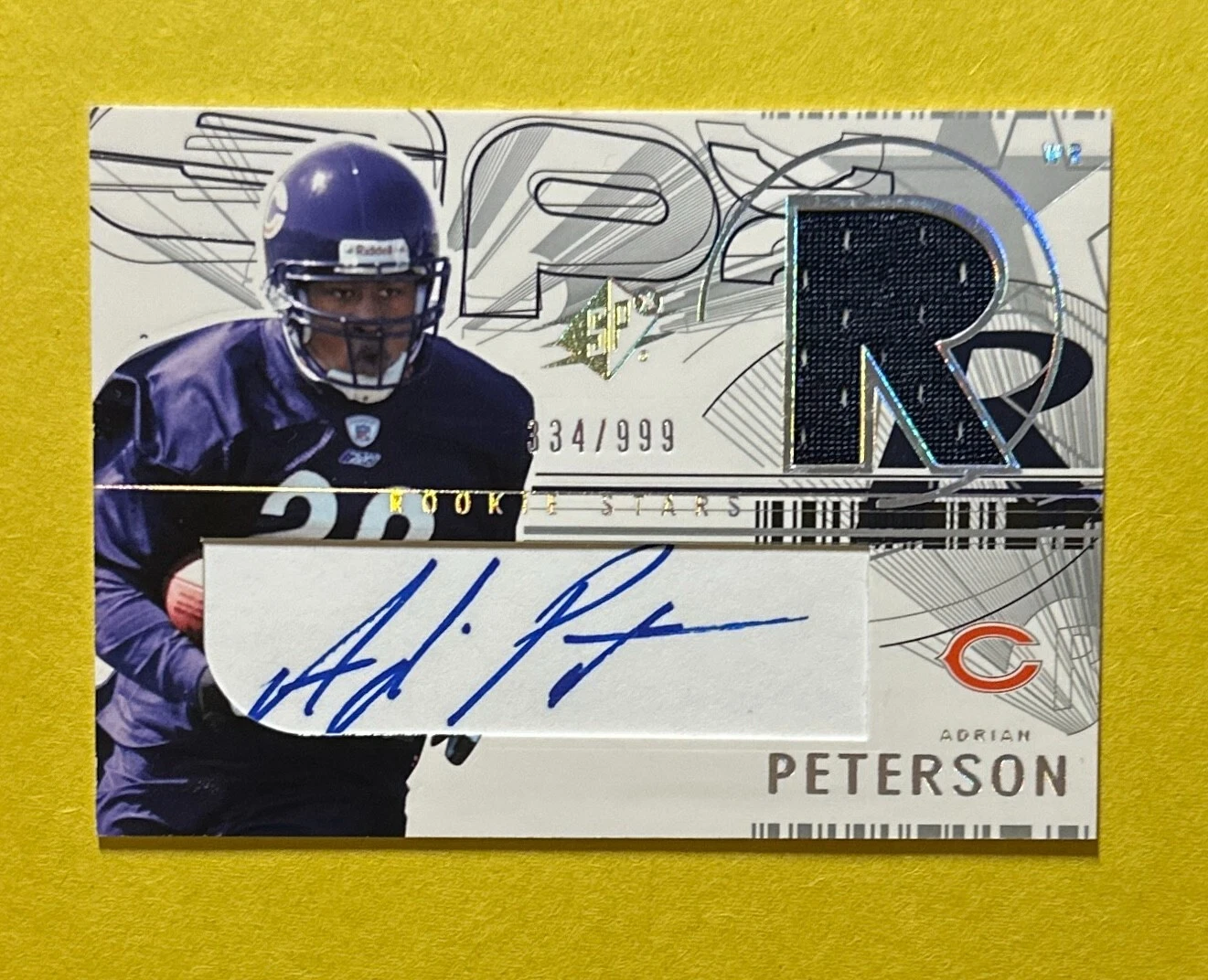 2002 UPPER DECK SPX ADRIAN PERTERSON ROOKIE STARS RELIC AUTO /999 #175 BEARS
