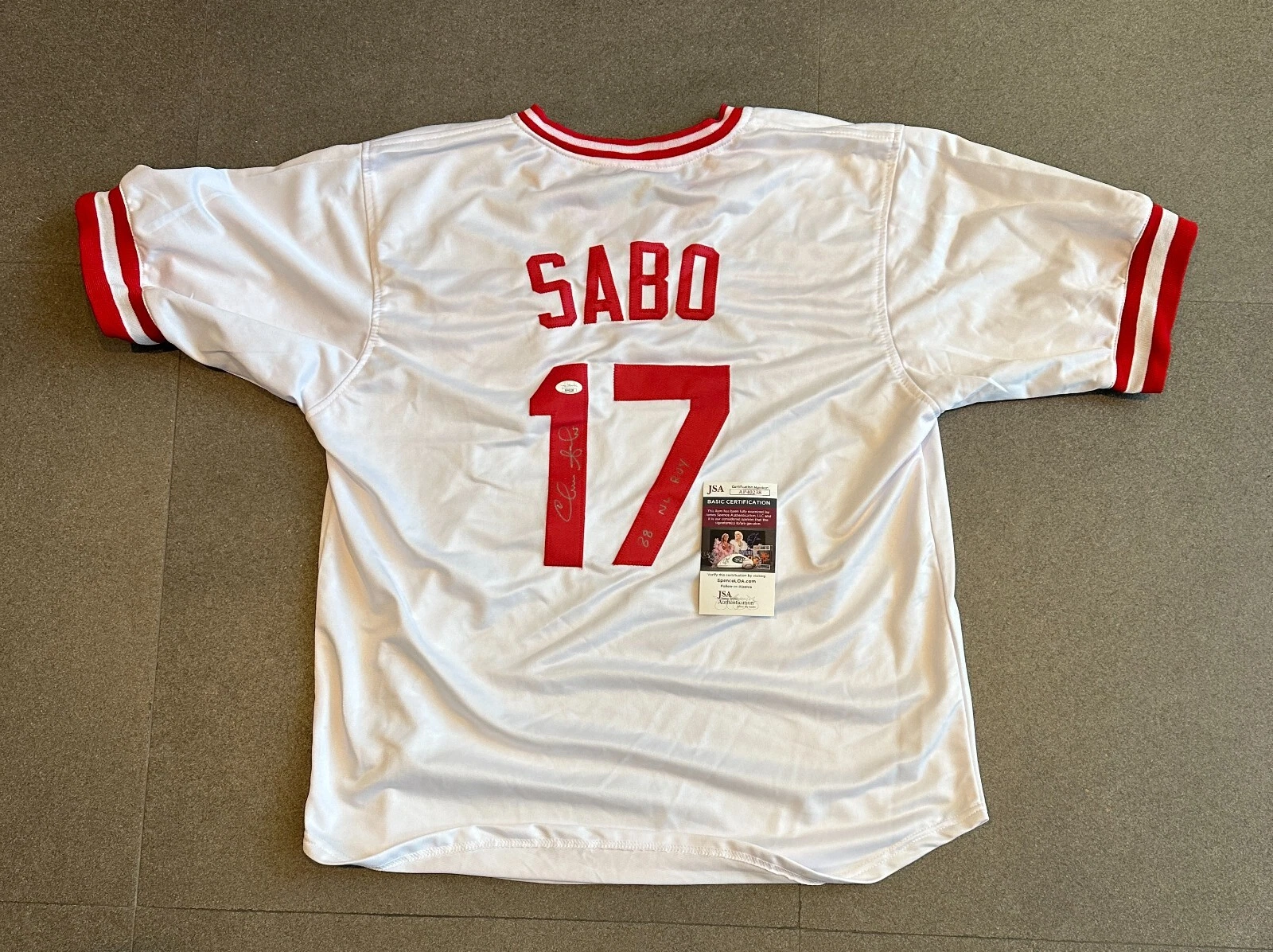 CHRIS SABO REDS SIGNED AUTOGRAPHED WHITE CUSTOM JERSEY SZ XL JSA