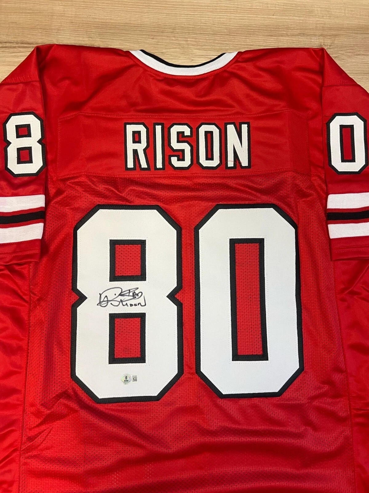 ANDRE RISON ATLANTA FALCONS SIGNED AUTOGRAPHED RED CUSTOM JERSEY SZ XL BAS