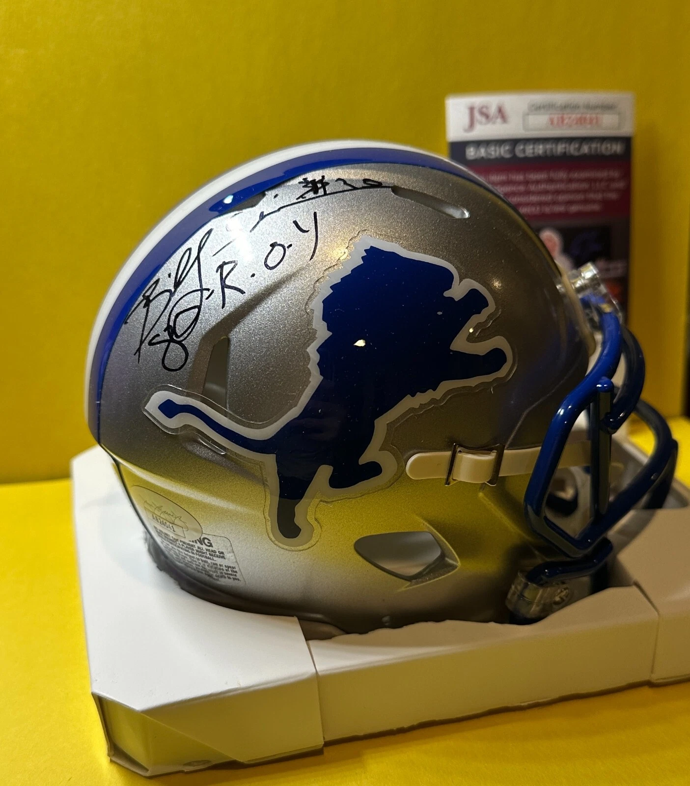 BILLY SIMS DETROIT LIONS SIGNED AUTOGRAPHED GREY MINI HELMET JSA 80 ROY