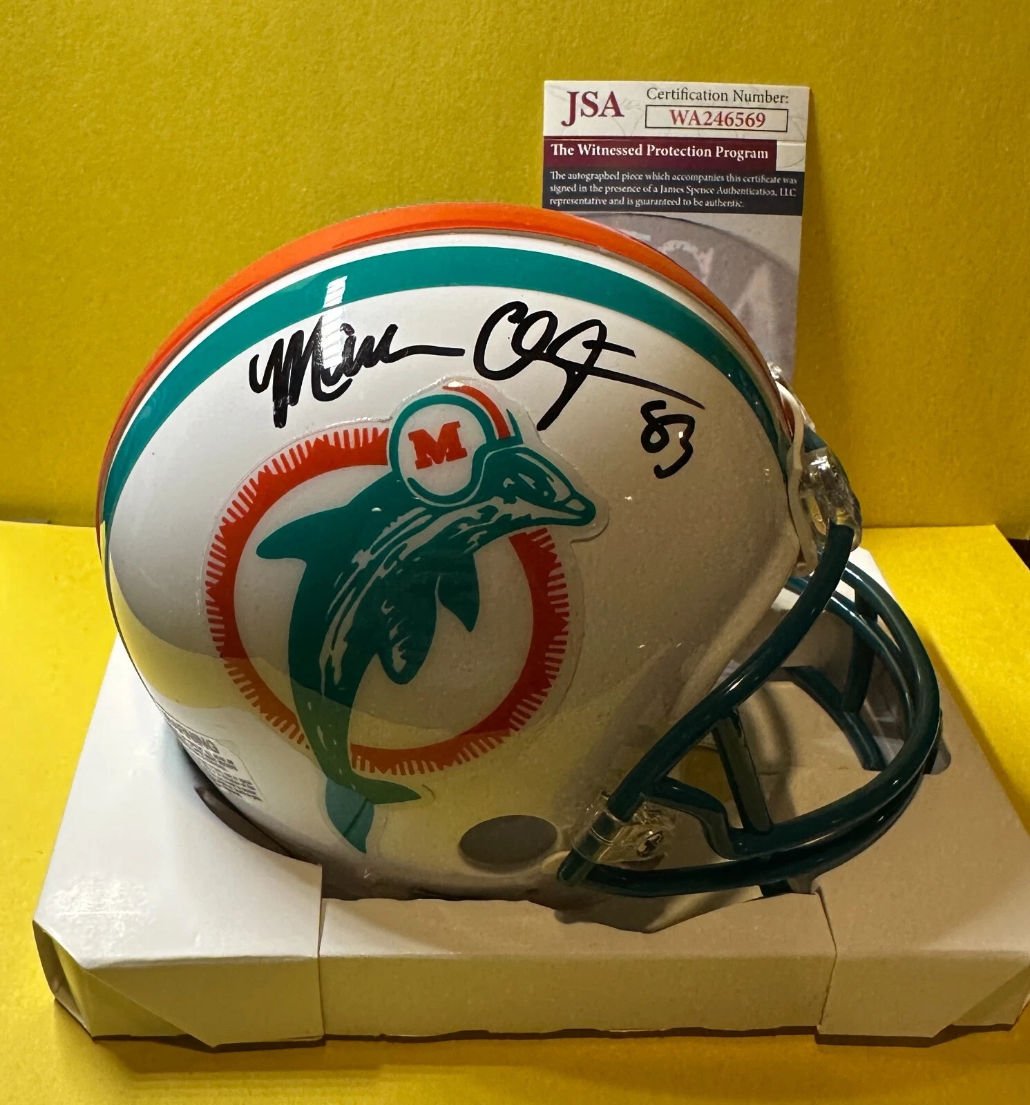 MARK CLAYTON MIAMI DOLPHINS SIGNED AUTOGRAPHED WHITE MINI HELMET JSA