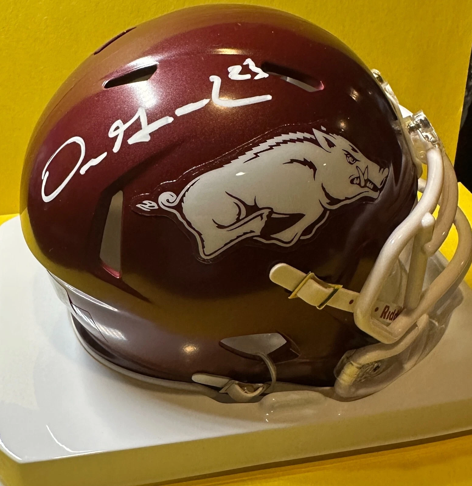 DRE GREENLAW ARKANSAS RAZORBACKS SIGNED AUTOGRAPHED MAROON MINI HELMET BECKETT