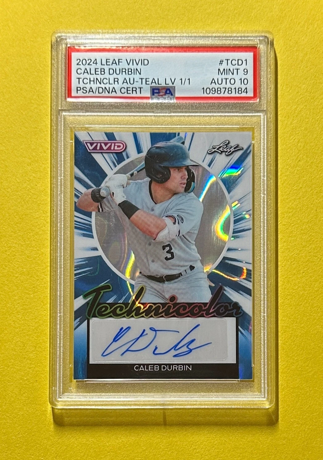 2024 LEAF VIVID CALEB DURBIN TECHNICOLOR AUTO 1/1 #T-CD1 PSA MINT 9 AUTO 10