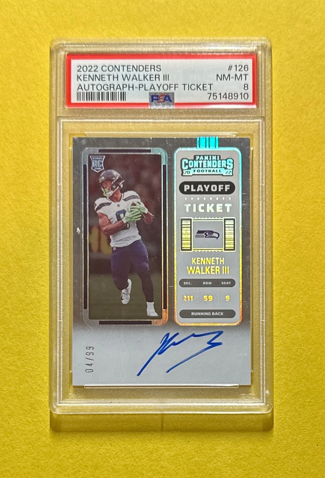 2022 PANINI CONTENDERS KENNETH WALKER III PLAYOFF TICKET AUTO #126 PSA NM-MT 8