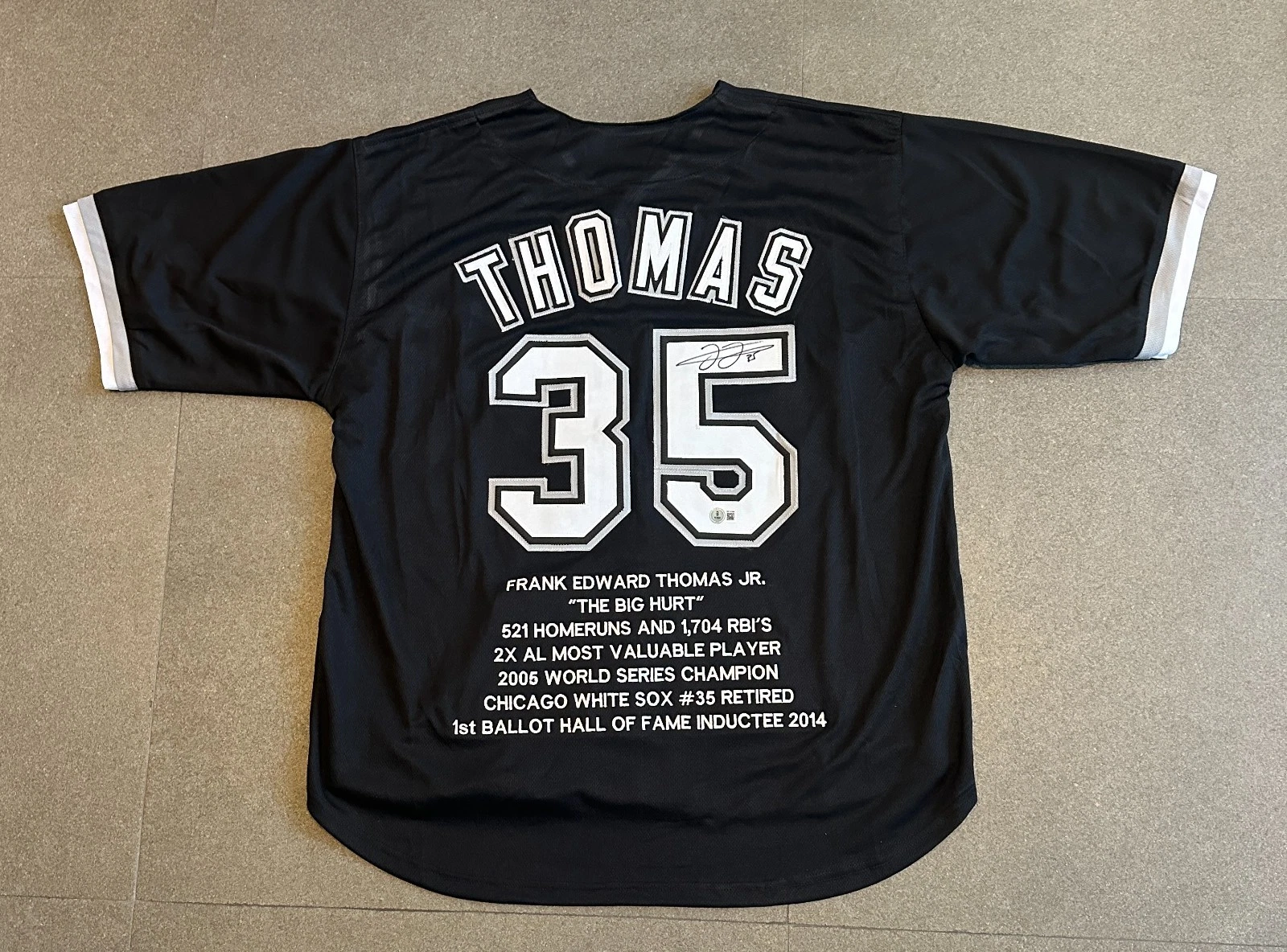 FRANK THOMAS WHITE SOX SIGNED AUTO STATISTIC BLACK STITCHED JERSEY SZ XL BECKETT