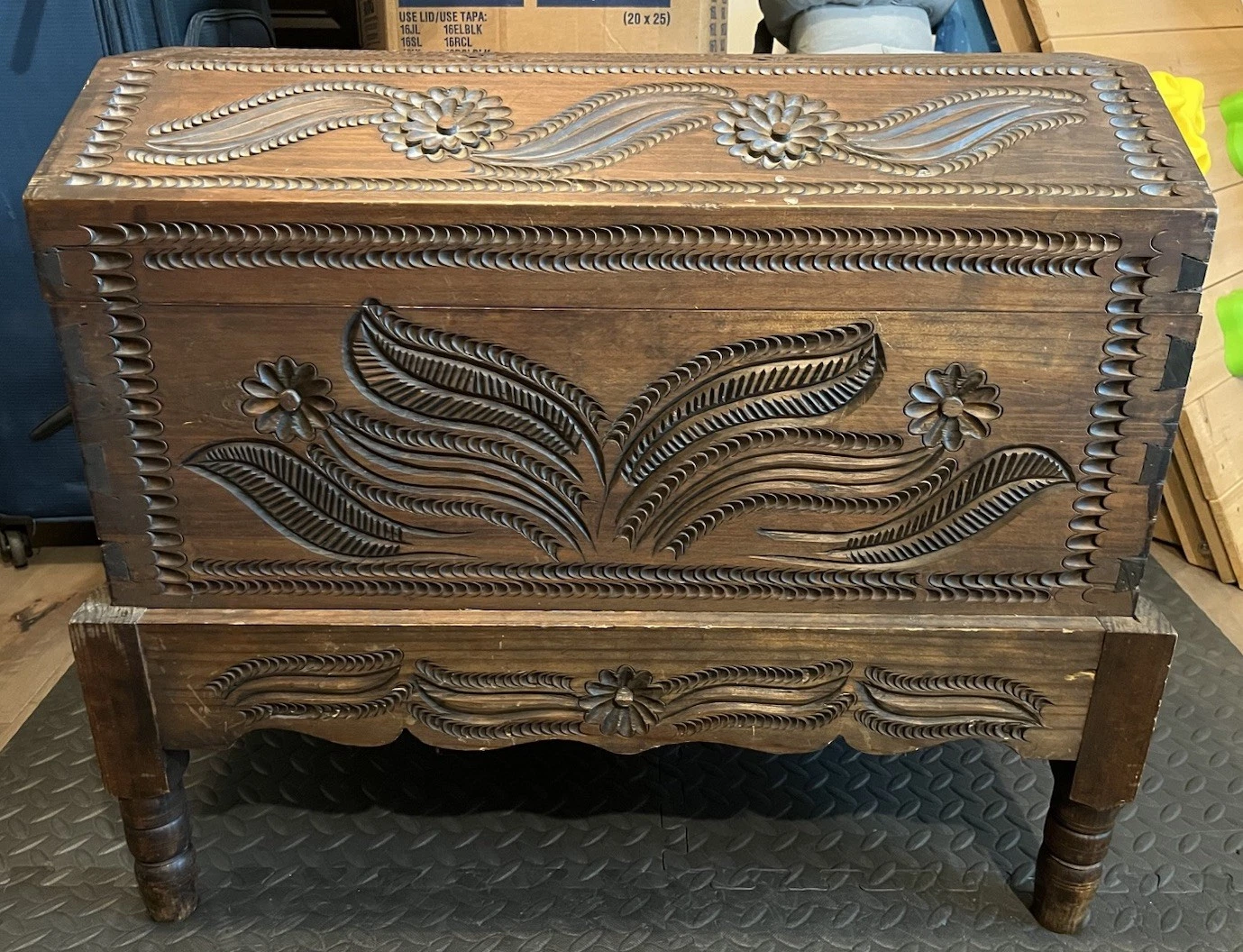 Vintage Hand Carved Wood Chest Trunk W/ Stand 1970's Mexico