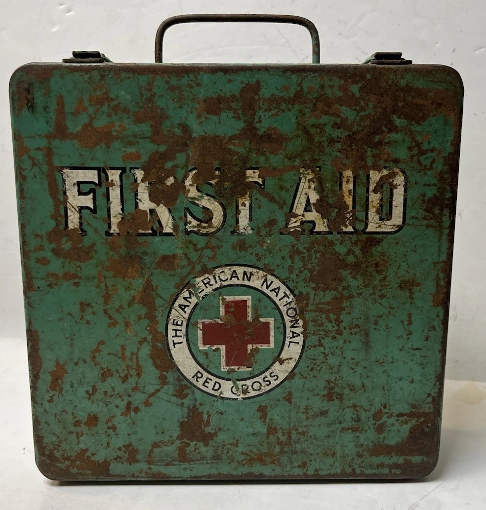 Vintage 1950s American Red Cross First Aid Kit Metal Box W/ Aged Patina