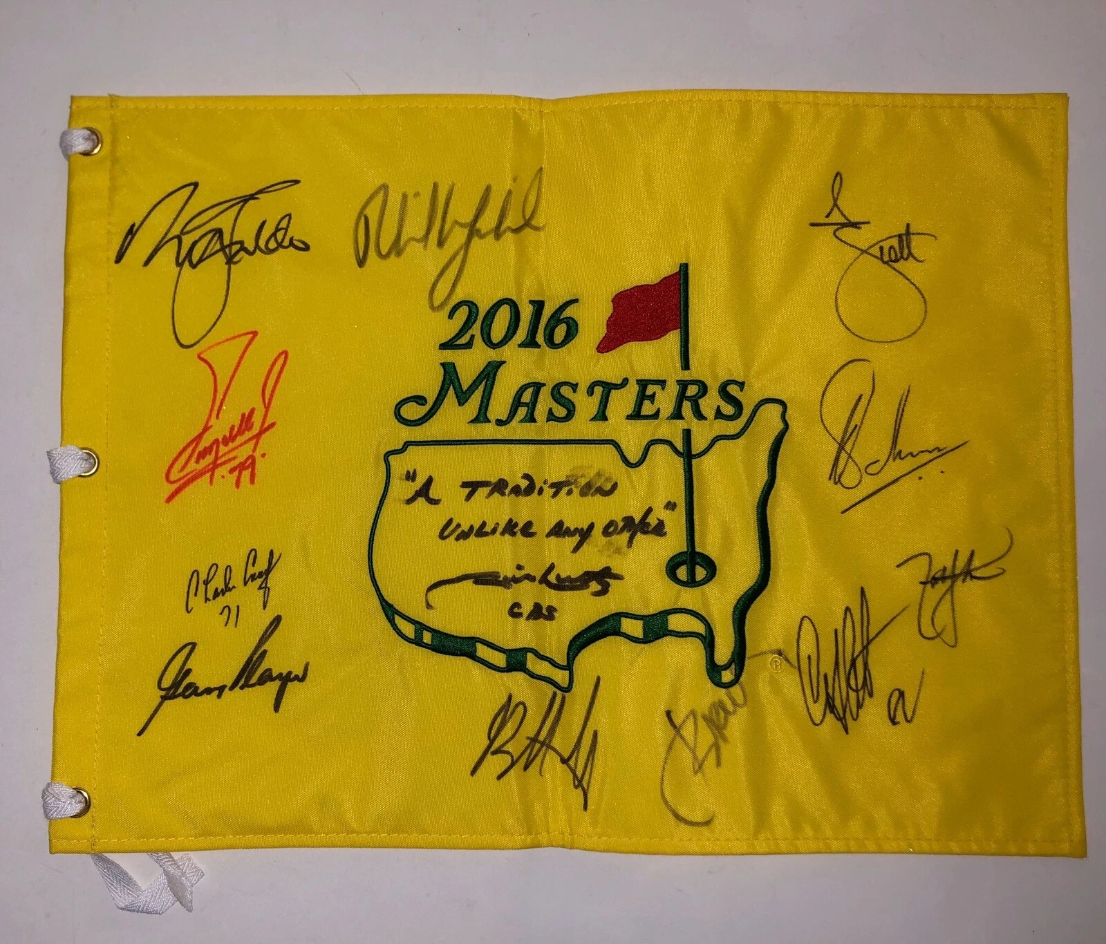 Master Pin Flag Signed By 11 Former Winners Faldo Player Mickelson Watson Nantz