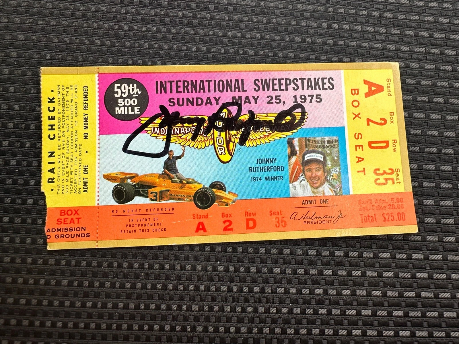 Johnny Rutherford (1974 Winner) Signed Indianapolis Indy 500 Ticket 1975 Auto
