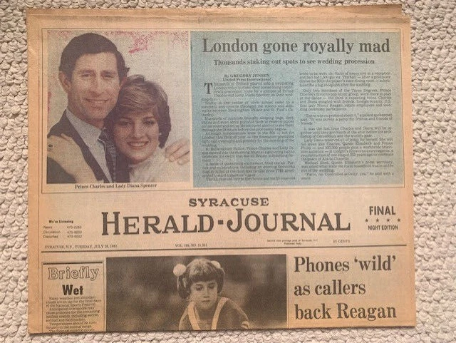 PRINCE CHARLES+LADY DIANA WEDDING SYRACUSE, NY NEWSPAPER FRONT PAGE 1991 COLLECTIBLE MEMORABILIA