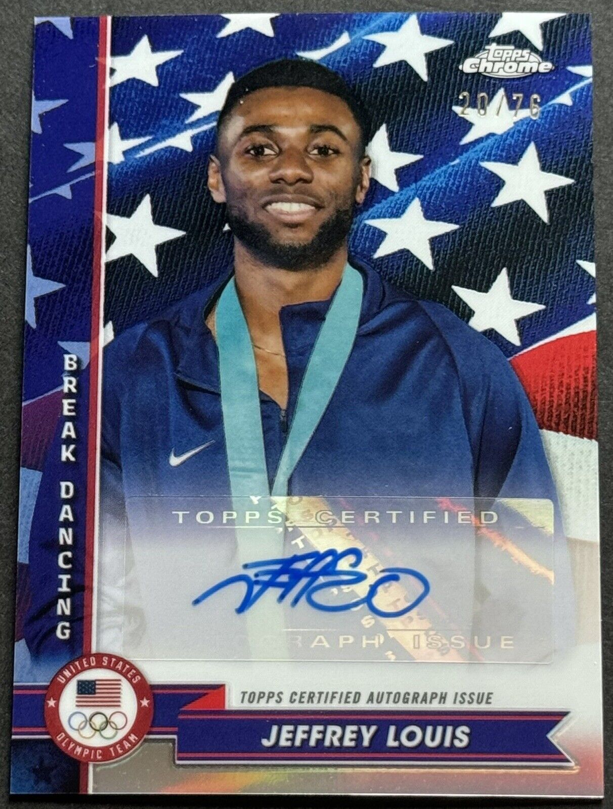 2024 Topps Chrome U.S. Olympics Jeffrey Louis U.S. Flag Refractor Auto #d /76