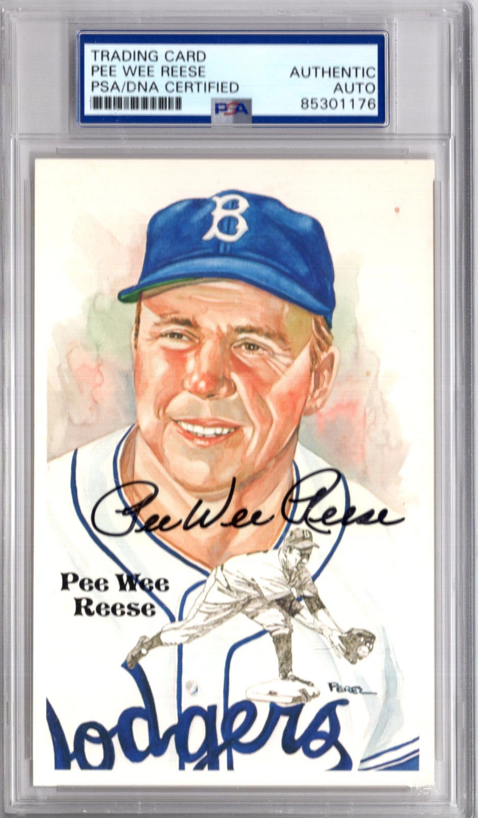 PEE WEE REESE SIGNED HALL OF FAME PEREZ STEELE CARD      DODGERS     PSA SLABBED