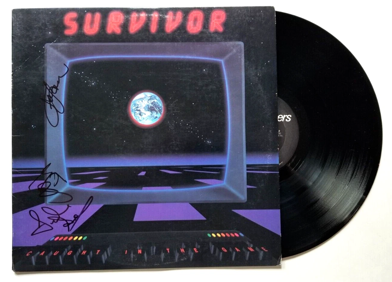 Survivor band REAL SIGNED Caught Game Vinyl Record JSA Eye Of The Tiger Jamison