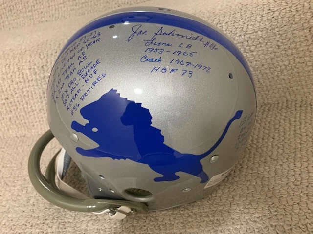 JOE SCHMIDT SIGNED DETROIT LIONS FULL SIZE TK HELMET     18 INSCRIPTIONS    JSA