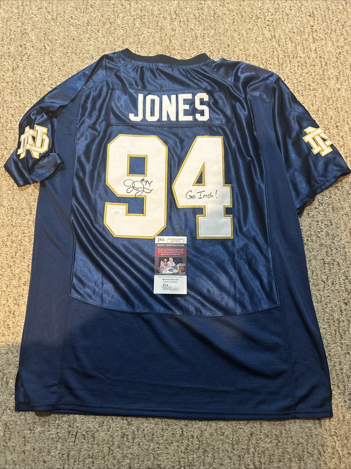 NOTRE DAME FIGHTING IRISH- JARRON JONES SIGNED AUTOGRAPH JERSEY JSA COA FOOTBALL