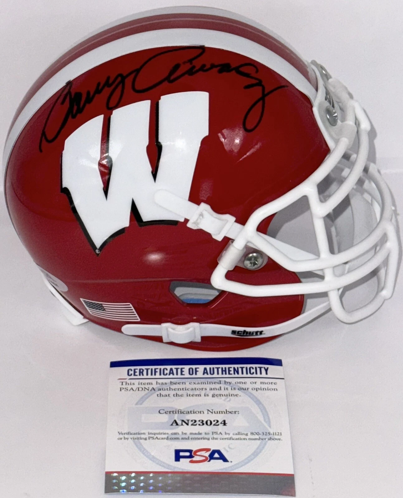 BARRY ALVAREZ SIGNED AUTOGRAPHED WISCONSIN BADGERS MINI HELMET PSA/DNA COA COLLECTIBLE MEMORABILIA