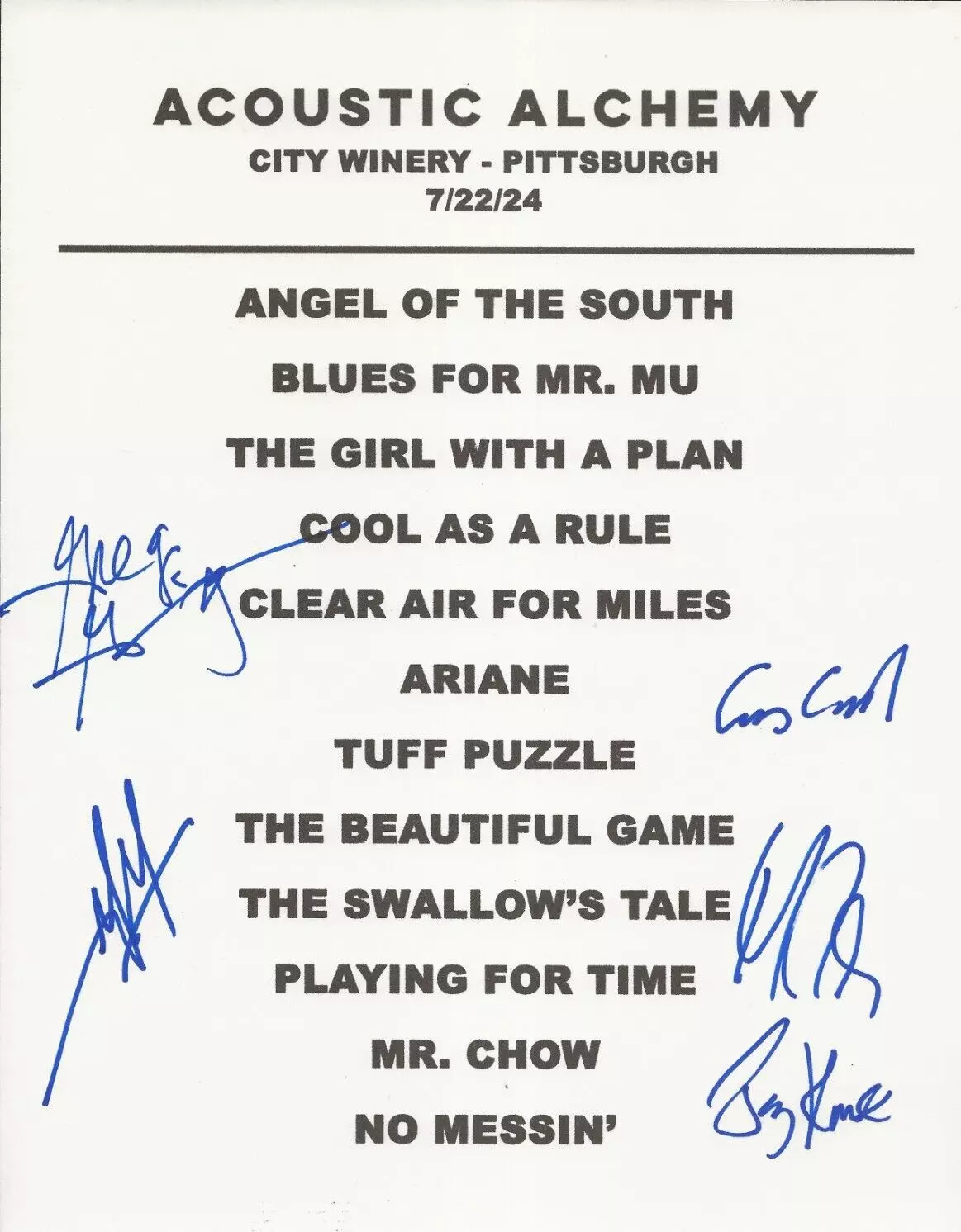 Acoustic Alchemy hand SIGNED Novelty Concert Setlist #2 COA Autographed by 5