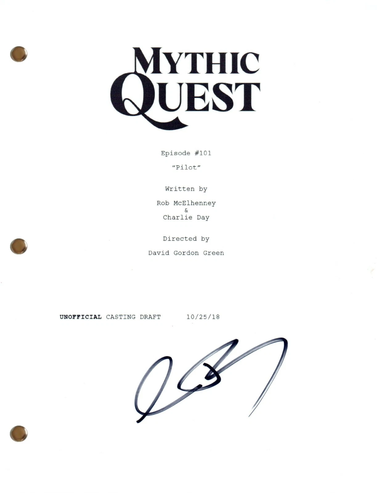 Charlie Day Signed Autograph MYTHIC QUEST Pilot Episode Script Screenplay COA