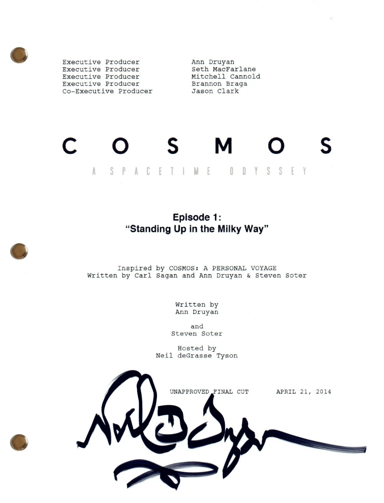 Neil deGrasse Tyson Signed COSMOS A SPACETIME ODYSSEY Full Episode Script COA