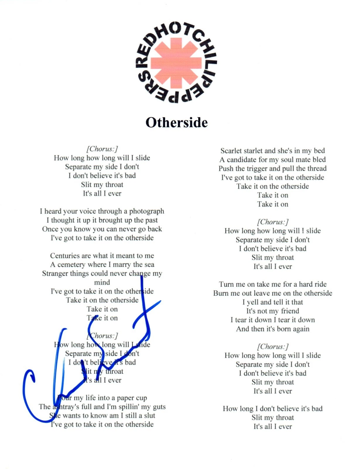 Chad Smith Signed Autograph Red Hot Chili Peppers OTHERSIDE Lyric Sheet COA