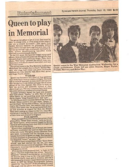 QUEEN ORIGINAL NEWSPAPER CLIPPING FOR 1980 SYRACUSE, NY CONCERT    THE GAME TOUR