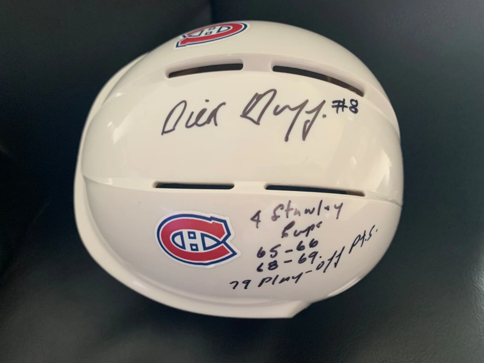 DICK DUFF HAND SIGNED MONTREAL CANADIENS MINI-HELMET+JSA     RARE 2 INSCRIPTIONS