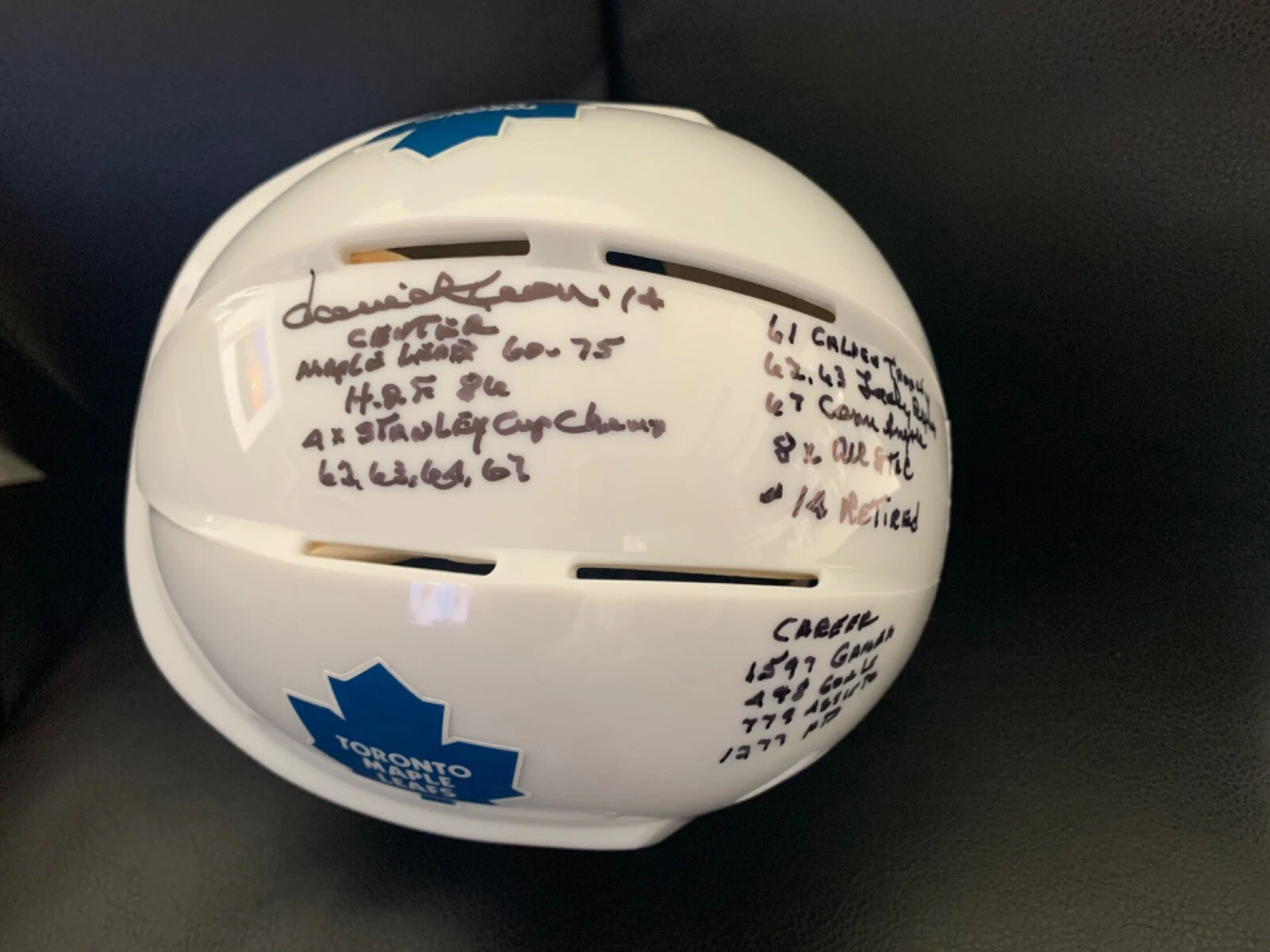 DAVE KEON HAND SIGNED MAPLE LEAFS HOCKEY MINI-HELMET+JSA         13 INSCRIPTIONS