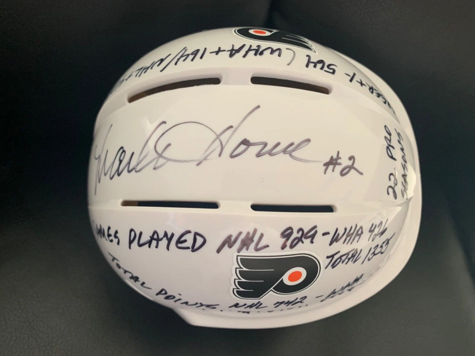 MARK HOWE HAND SIGNED FLYERS HOCKEY MINI-HELMET+JSA           10 INSCRIPTIONS