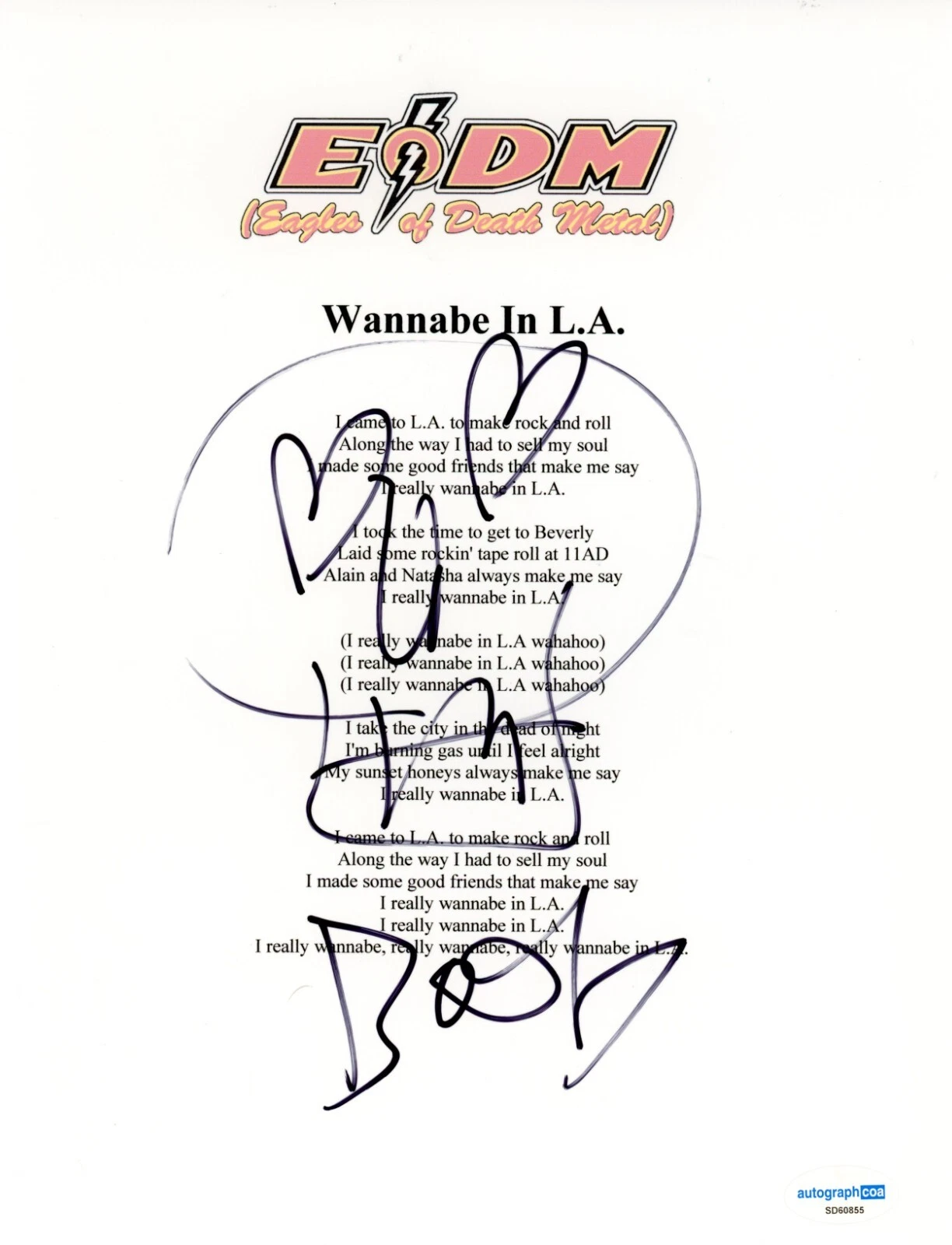 Jesse Hughes Eagles of Death Metal Signed Wannabe in LA Lyric Sheet EODM ACOA