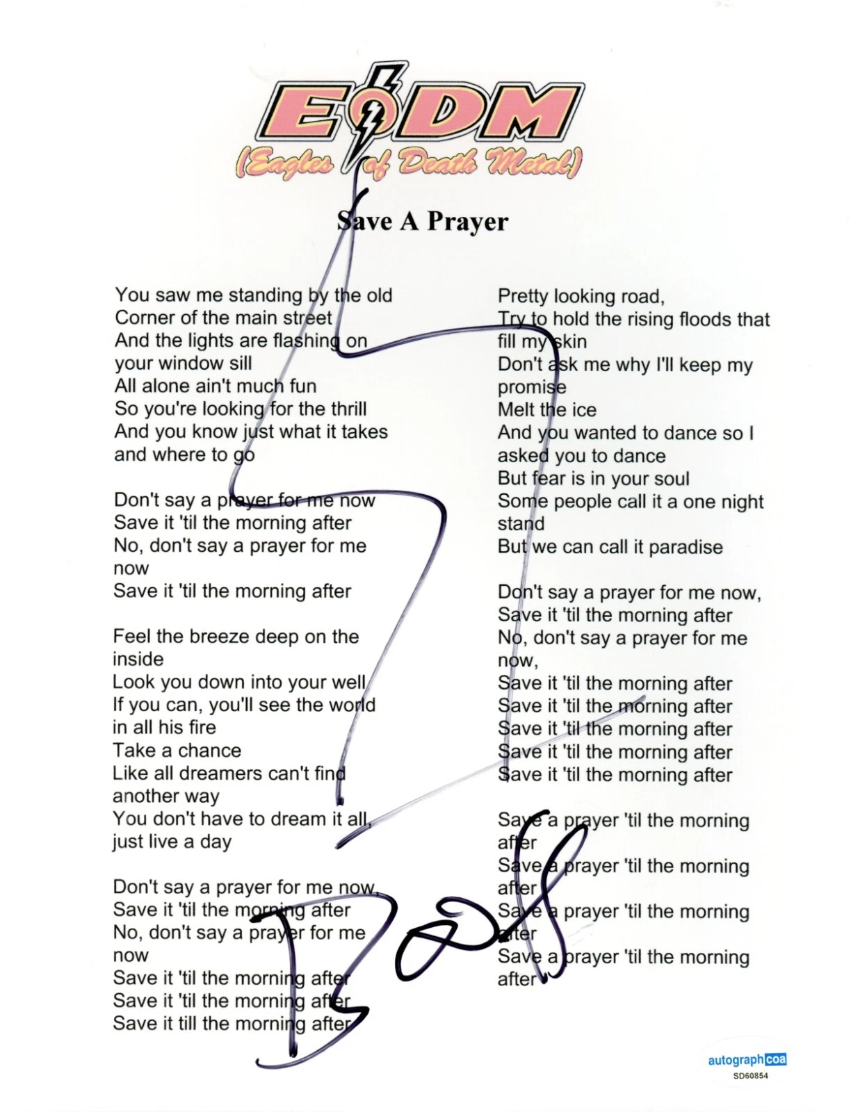 Jesse Hughes Eagles of Death Metal Signed Save A Prayer Lyric Sheet EODM ACOA