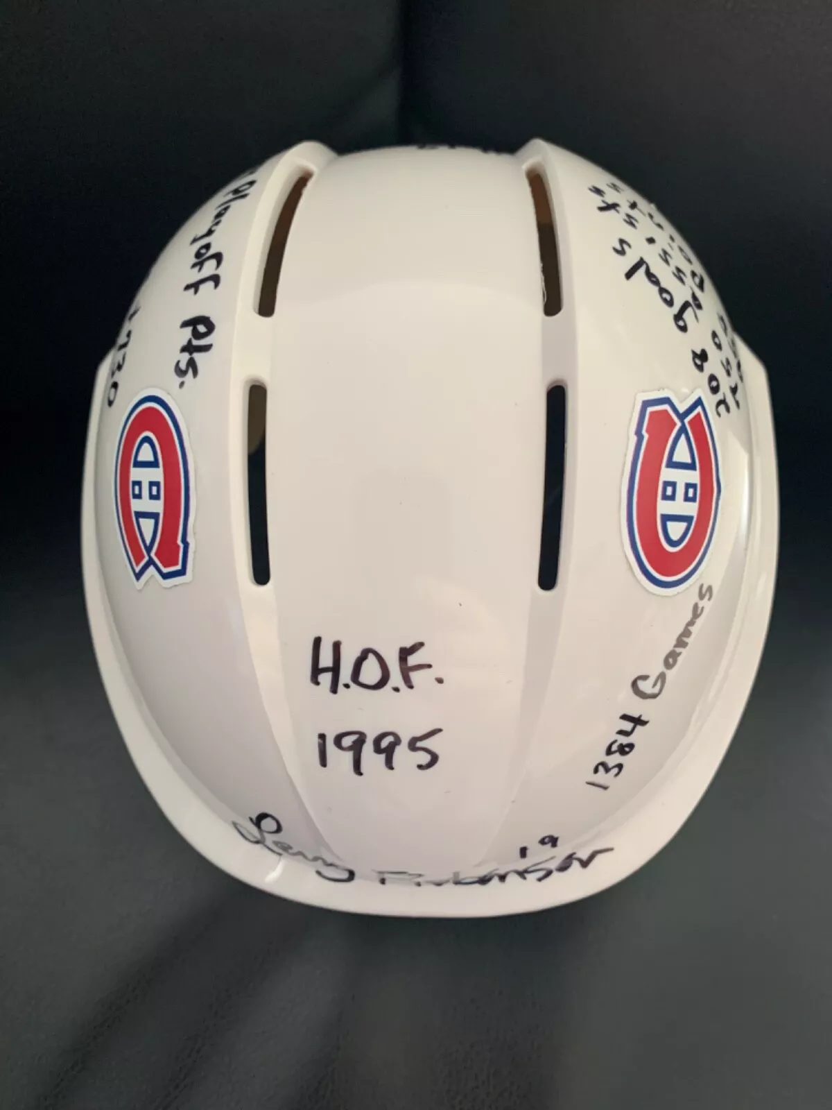 LARRY ROBINSON HAND SIGNED CANADIENS HOCKEY MINI-HELMET+JSA     14 INSCRIPTIONS
