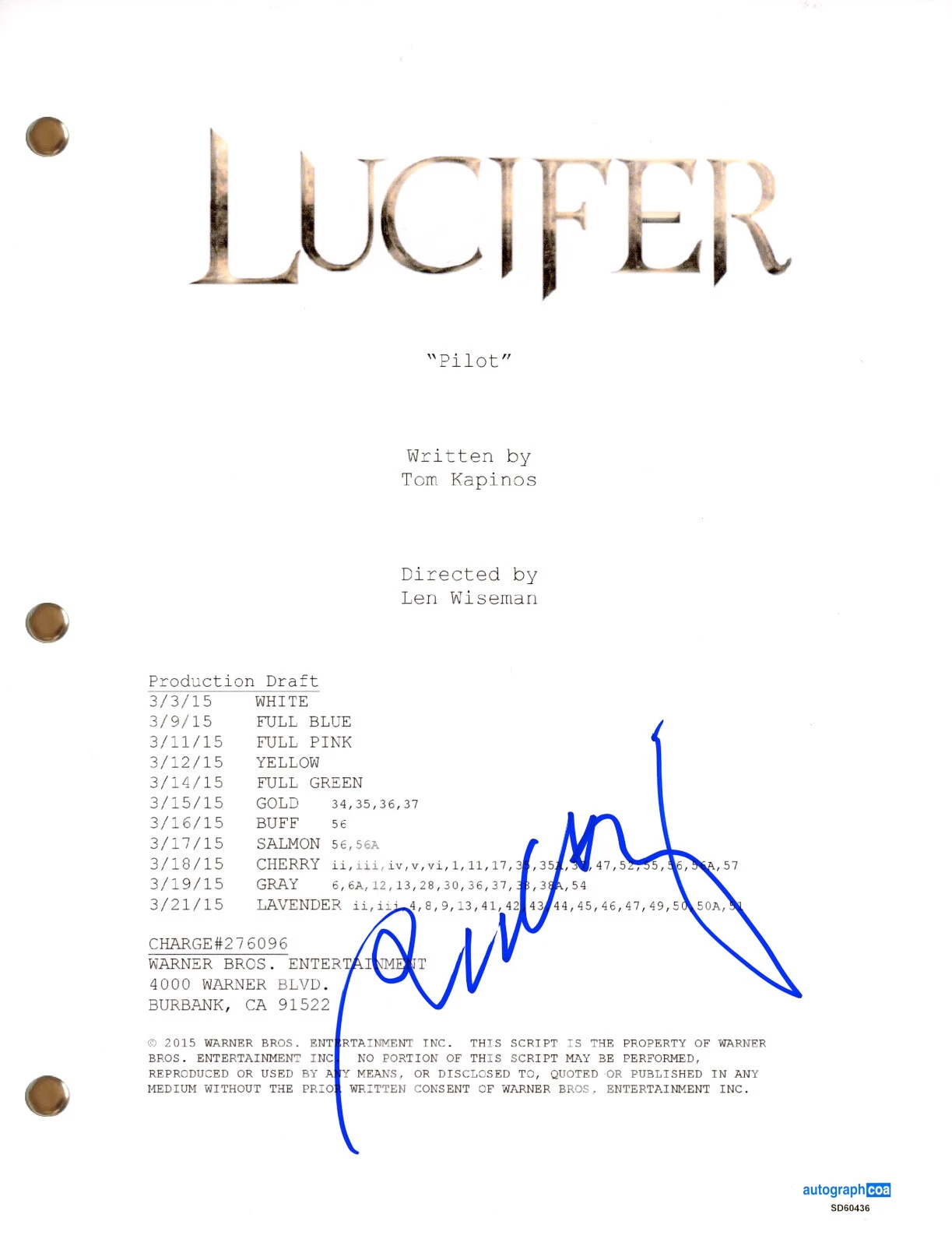 Rachael Harris “Lucifer ” Signed Autograph Full TV Pilot Script Screenplay ACOA