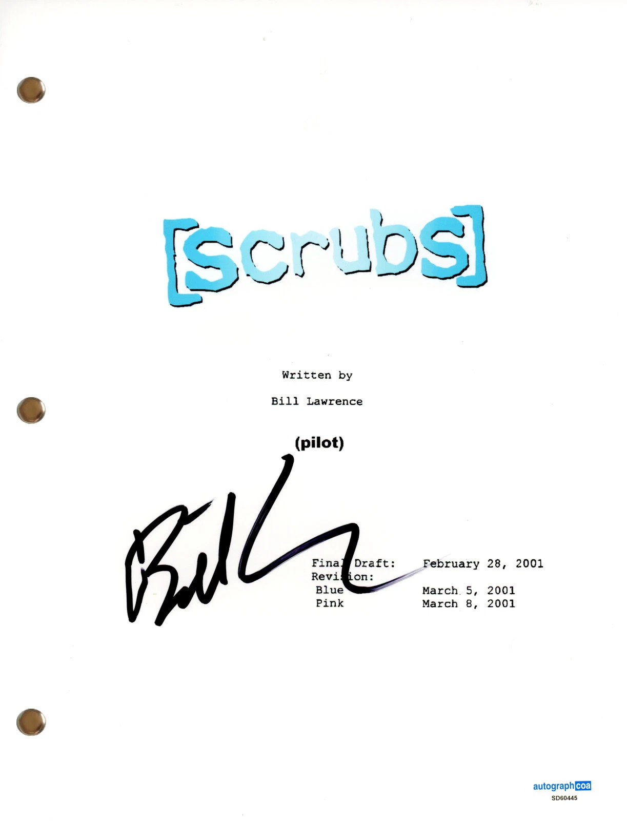 Bill Lawrence “Scrubs” Signed Autograph Pilot Script TV Screenplay Creator ACOA