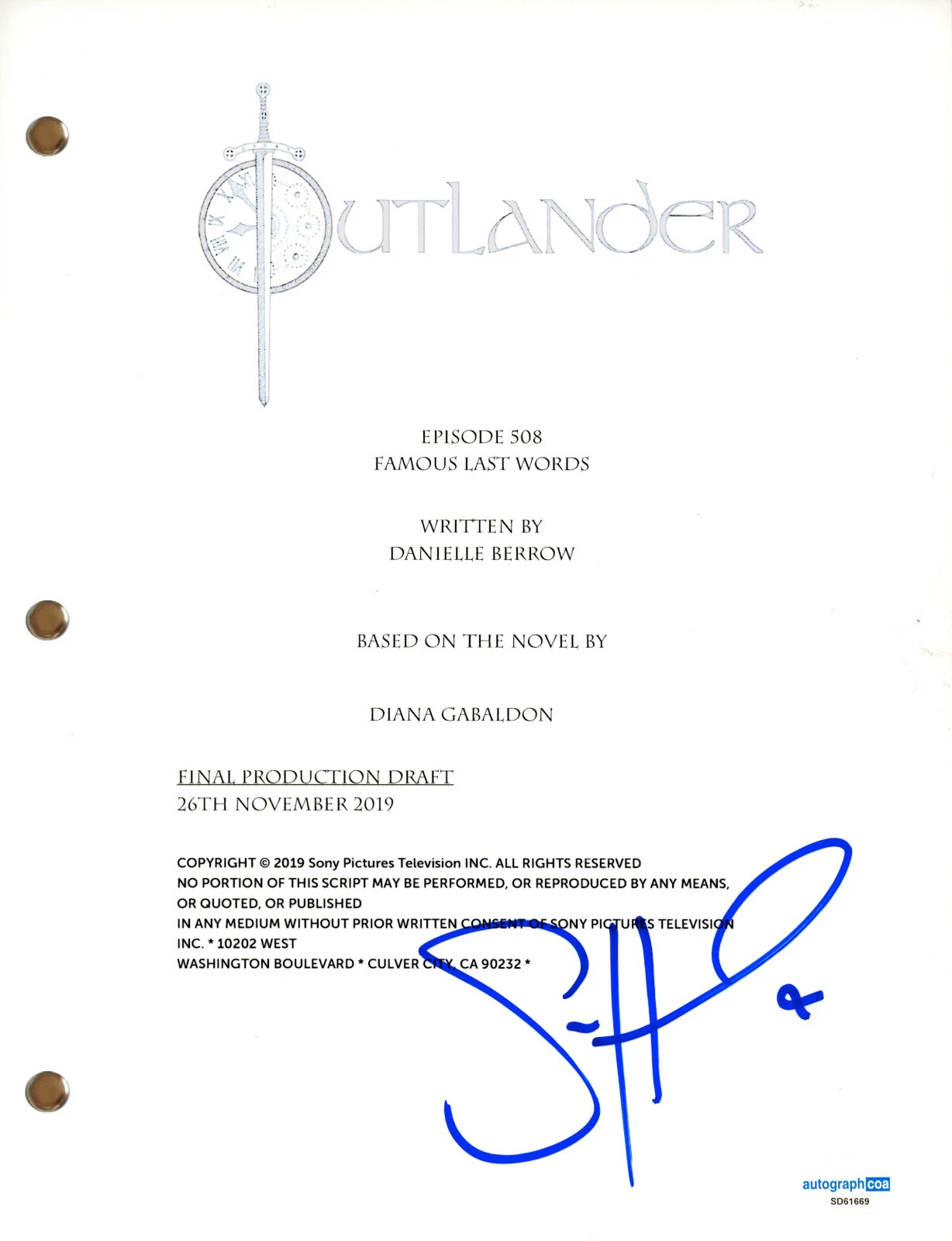 Sam Heughan “Outlander” Signed Autograph 'Famous Last Words' Episode Script ACOA
