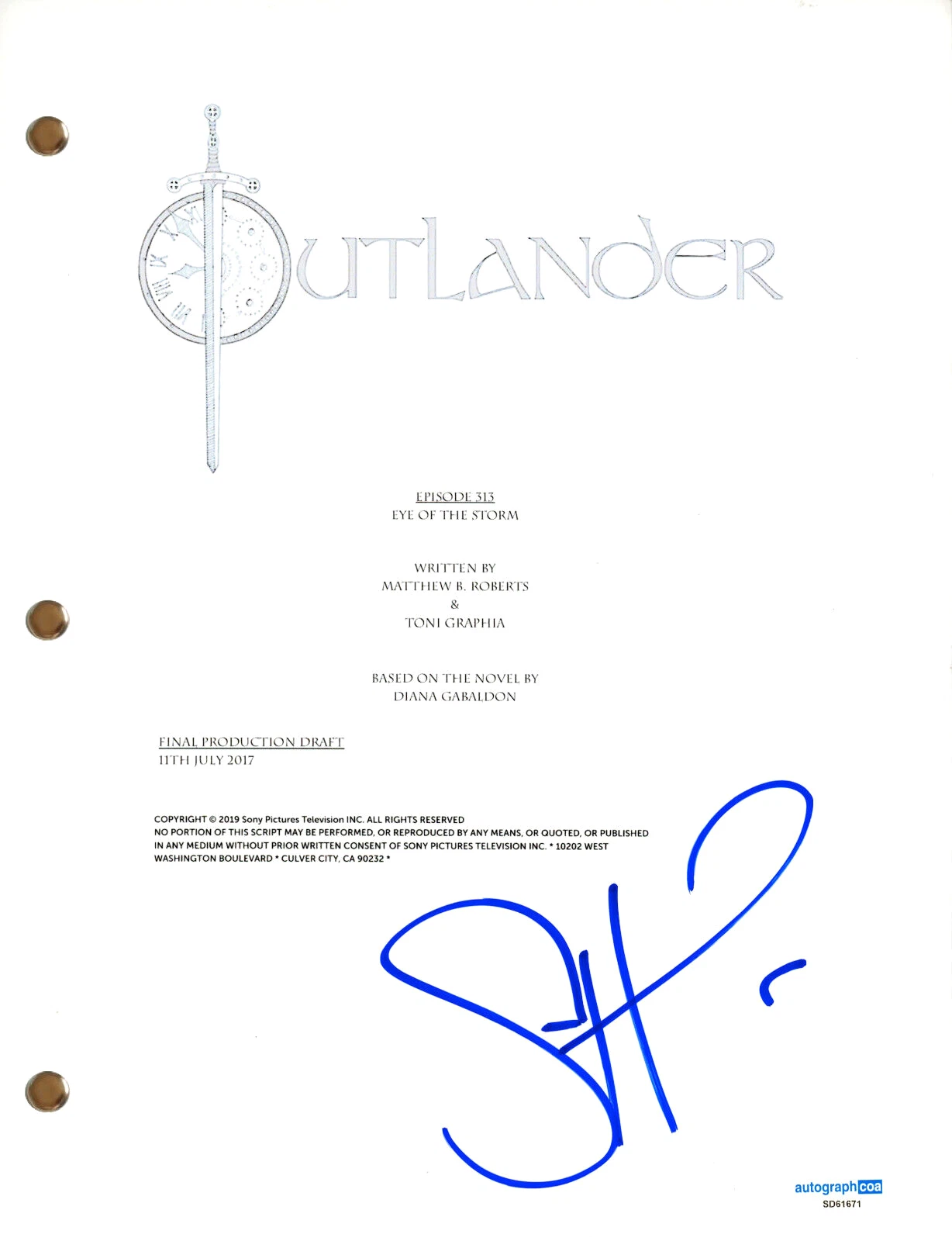 Sam Heughan “Outlander” Signed Autograph Full Episode 313 Script Screenplay ACOA