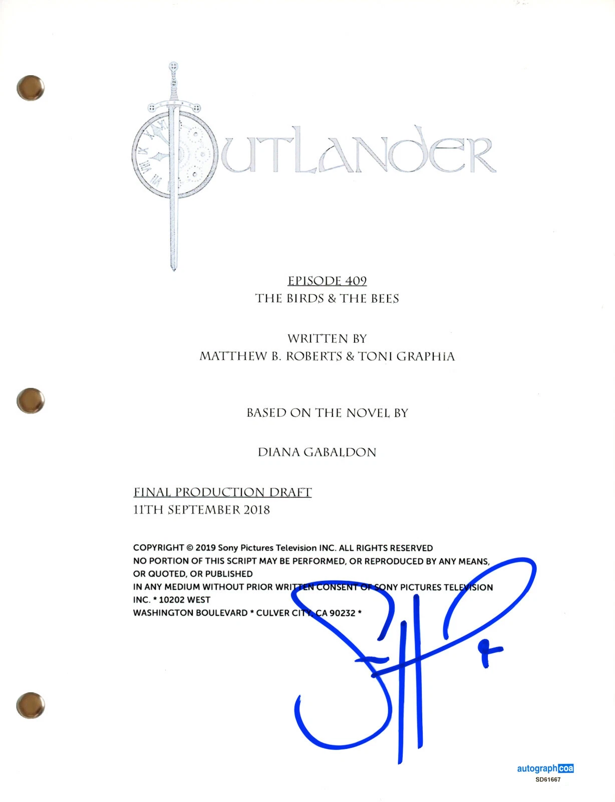 Sam Heughan “Outlander” Signed Autograph “The Birds & The Bees” TV Script ACOA
