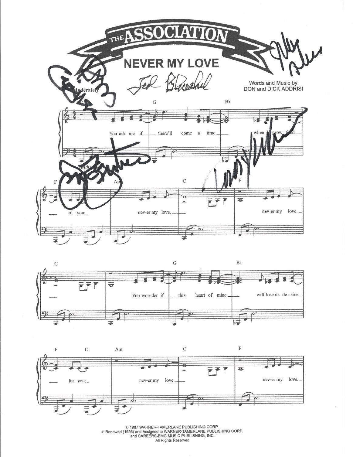 The Association REAL hand SIGNED Never My Love Sheet Music COA Autographed by 5