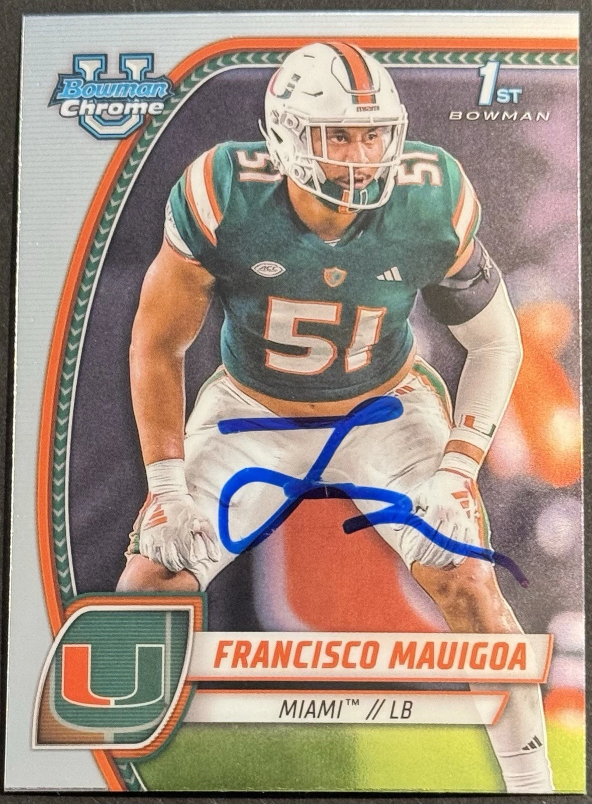 Francisco Mauigoa Signed Miami 2024 Bowman Chrome U Rookie Card BAS Beckett